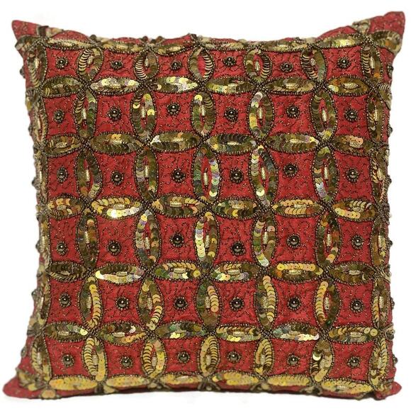 Embellished Accent Throw Pillow Red With Gold Sequins and Silver Accents 14 x 15 - Picture 7 of 7
